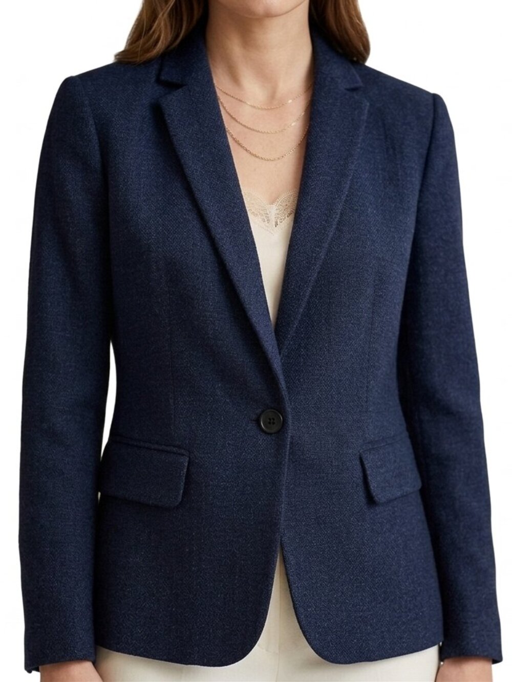 ANN TAYLOR Factory Navy Blue Textured Tweed ? Cotton Single Button Blazer Jacket